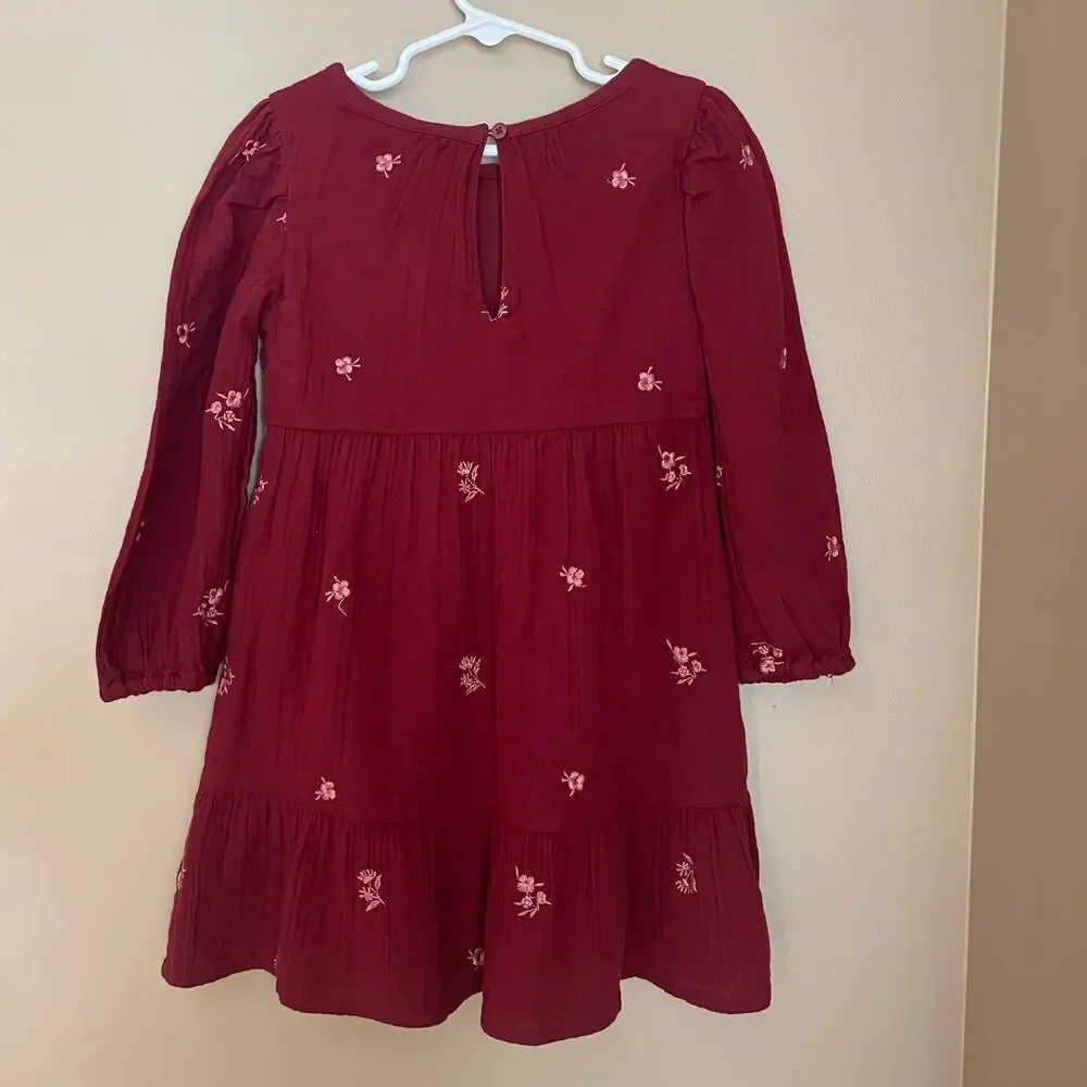 Cat & Jack Toddler 5T Burgundy Dress Long Sleeve Floral Design Holiday Dress